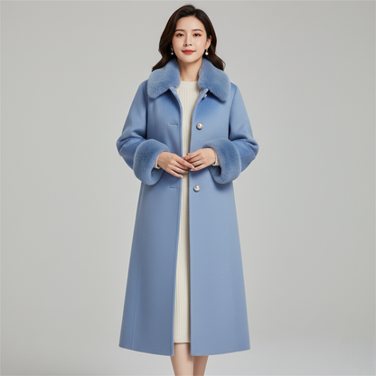 Women's Blue Long Wool Coat Faux Fur Collar - VibreMode