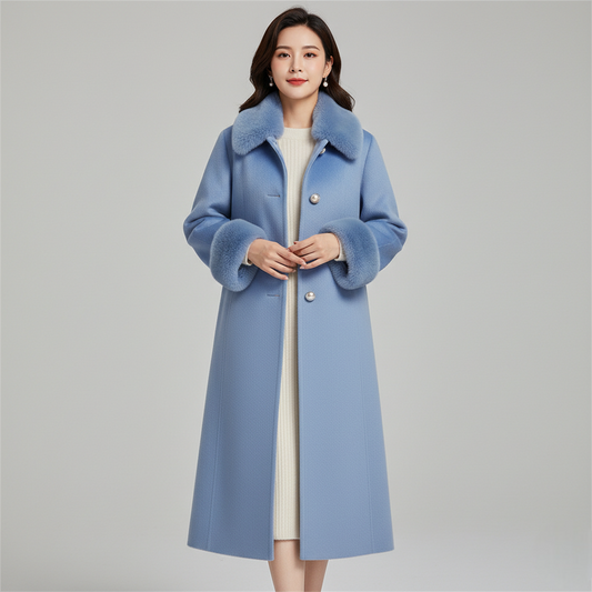 Women's Blue Long Wool Coat Faux Fur Collar - VibreMode