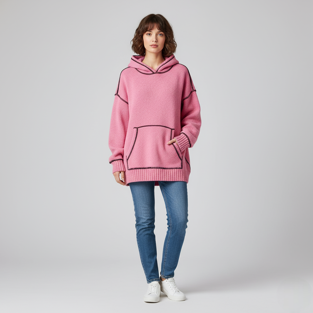 Women's Pink Knit Hoodie Contrast Stitching - VibreMode