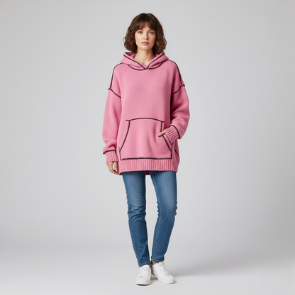 Women's Pink Knit Hoodie Contrast Stitching - VibreMode