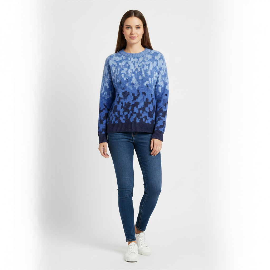 Women's Crew Neck Sweater Blue Ombre Knit - VibreMode