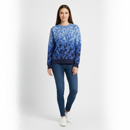 Women's Crew Neck Sweater Blue Ombre Knit - VibreMode