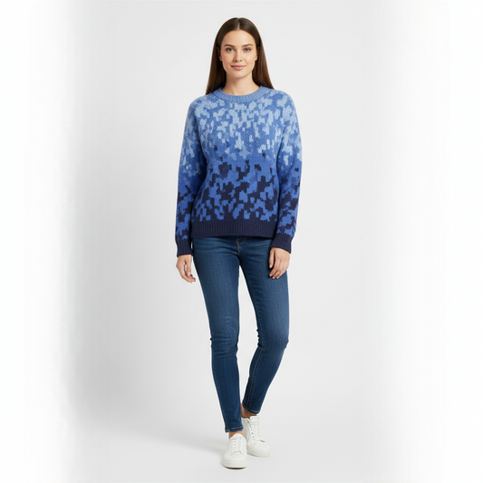 Women's Crew Neck Sweater Blue Ombre Knit - VibreMode