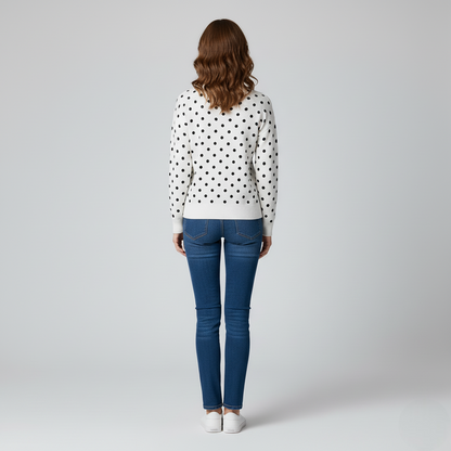 Women's Crew Neck Sweater Polka Dot White Black