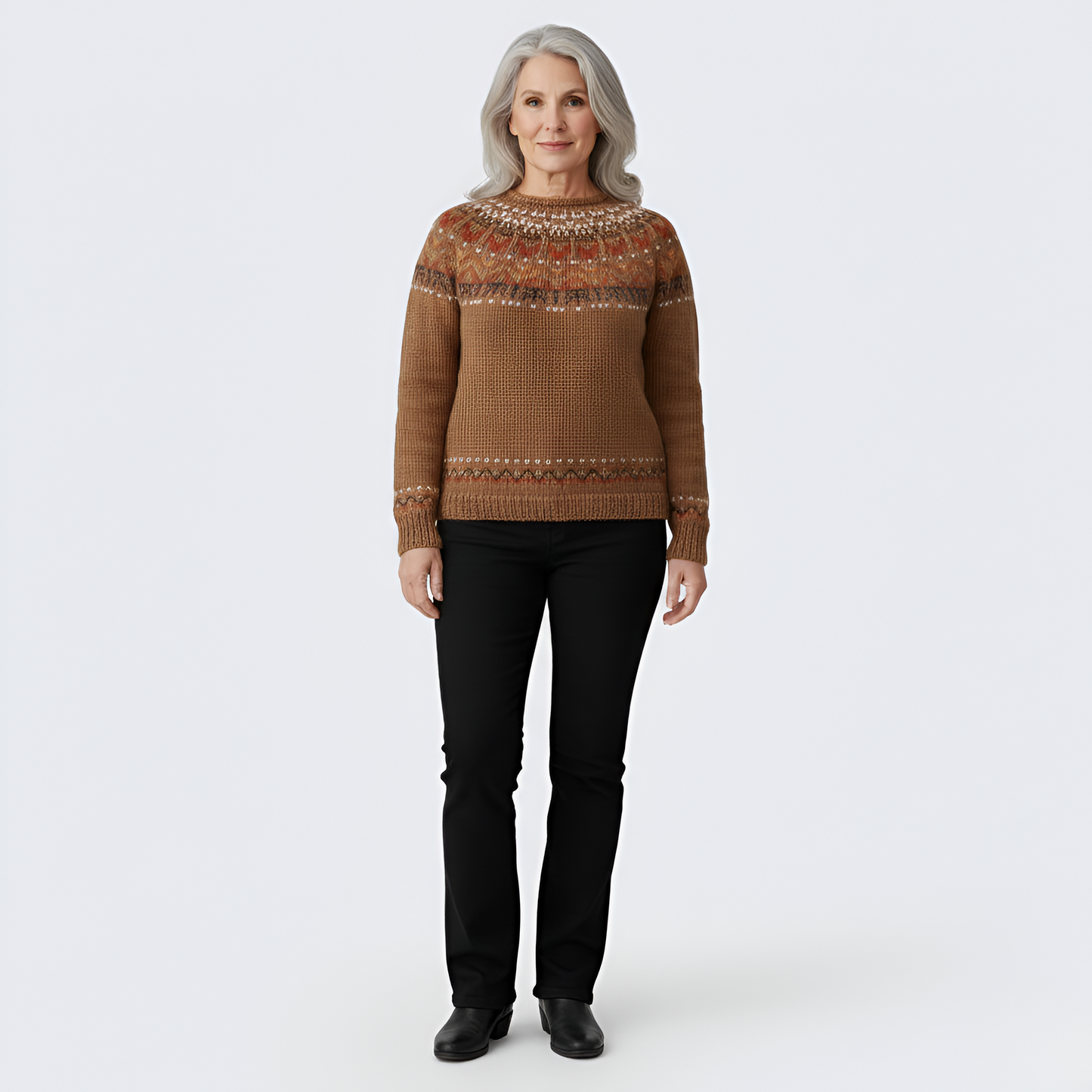 Women's Wool Crew Neck Sweater Fair Isle Pattern
