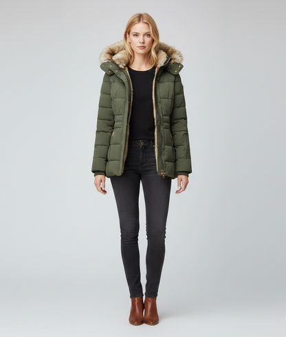 Women's Insulated Quilted Coat Hooded Faux Fur Trim Black