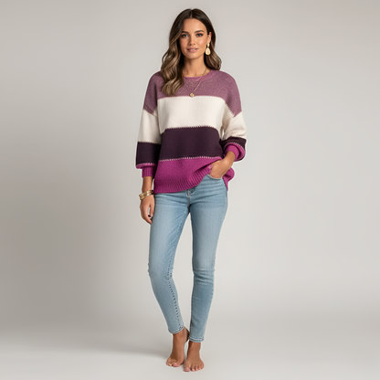 Women's Cotton Blend Sweater Pullover Long Sleeves Striped