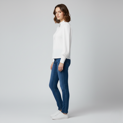 Women's Textured Zip-Up Puff Sleeves White