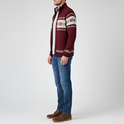 Men's Wool Cardigan Nordic Pattern Zip Front