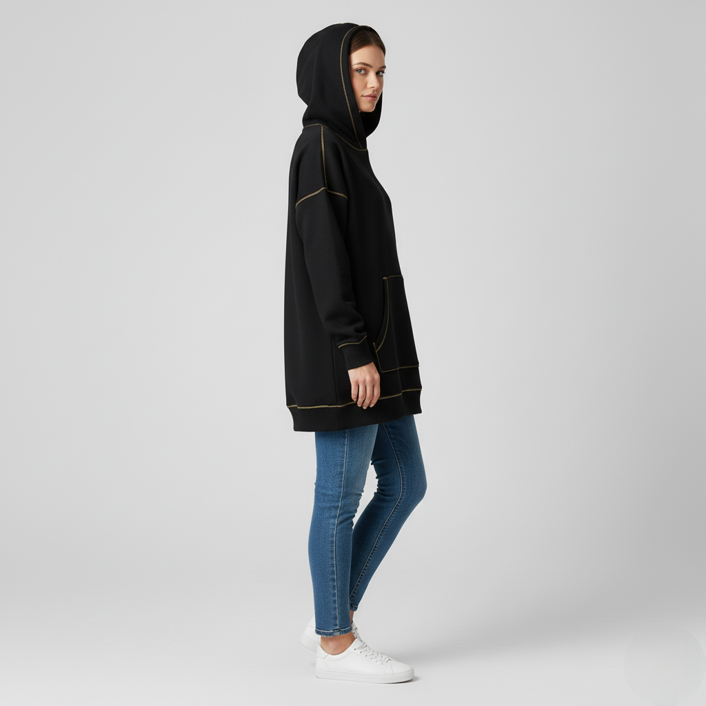 Women's Oversized Hoodie Black Cotton Contrast Stitching