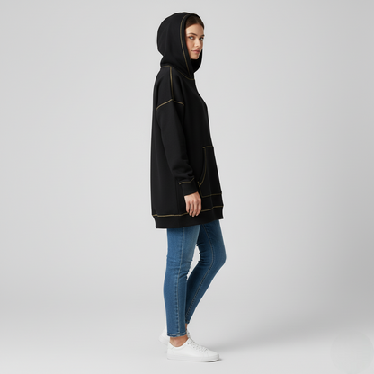 Women's Oversized Hoodie Black Cotton Contrast Stitching