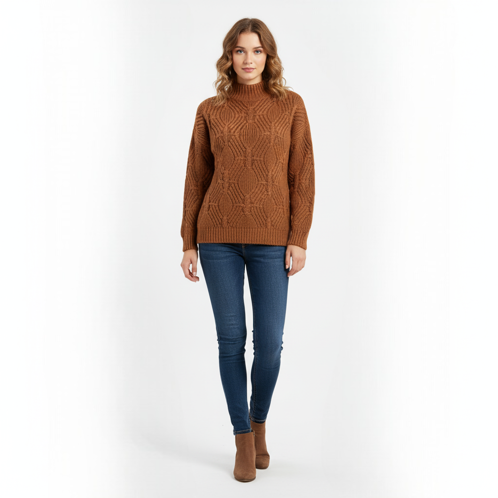 Women's Mock Neck Sweater Chestnut Brown Textured - VibreMode