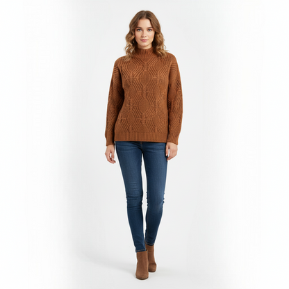 Women's Mock Neck Sweater Chestnut Brown Textured - VibreMode