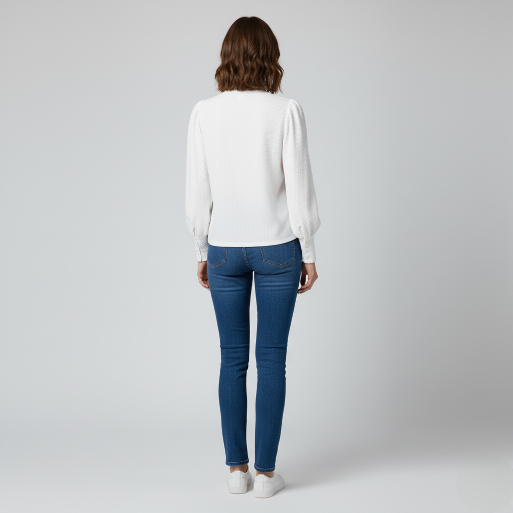 Women's Textured Zip-Up Puff Sleeves White