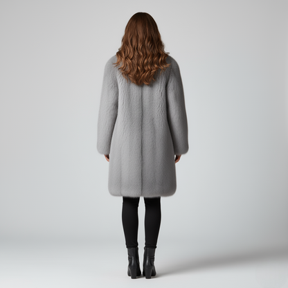 Women's Faux Fur Long Coat Gray Wide Lapel Collar