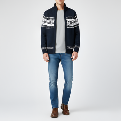 Men's Wool Cardigan Nordic Pattern Zip Front
