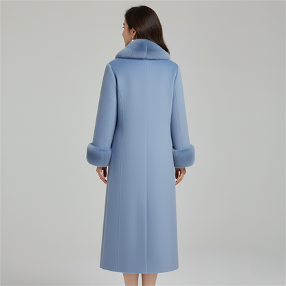 Women's Blue Long Wool Coat Faux Fur Collar