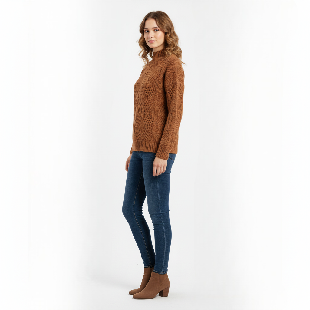 Women's Mock Neck Sweater Chestnut Brown Textured