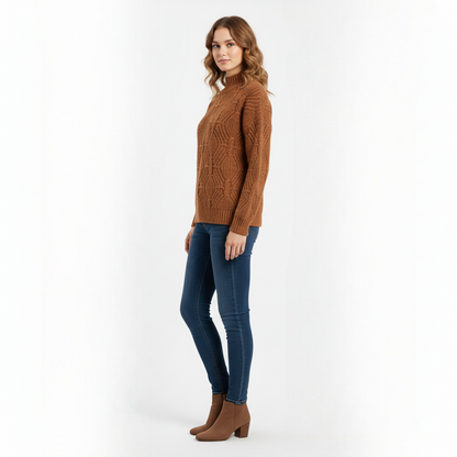 Women's Mock Neck Sweater Chestnut Brown Textured