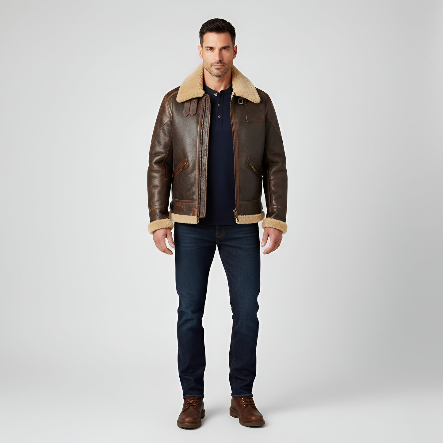 Men's Leather Aviator Jacket Shearling Lining Zip Front - VibreMode