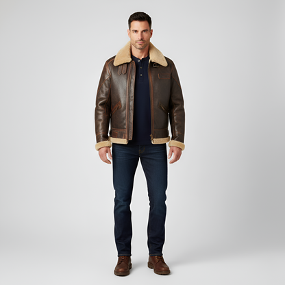 Men's Leather Aviator Jacket Shearling Faux Fur Collar - VibreMode
