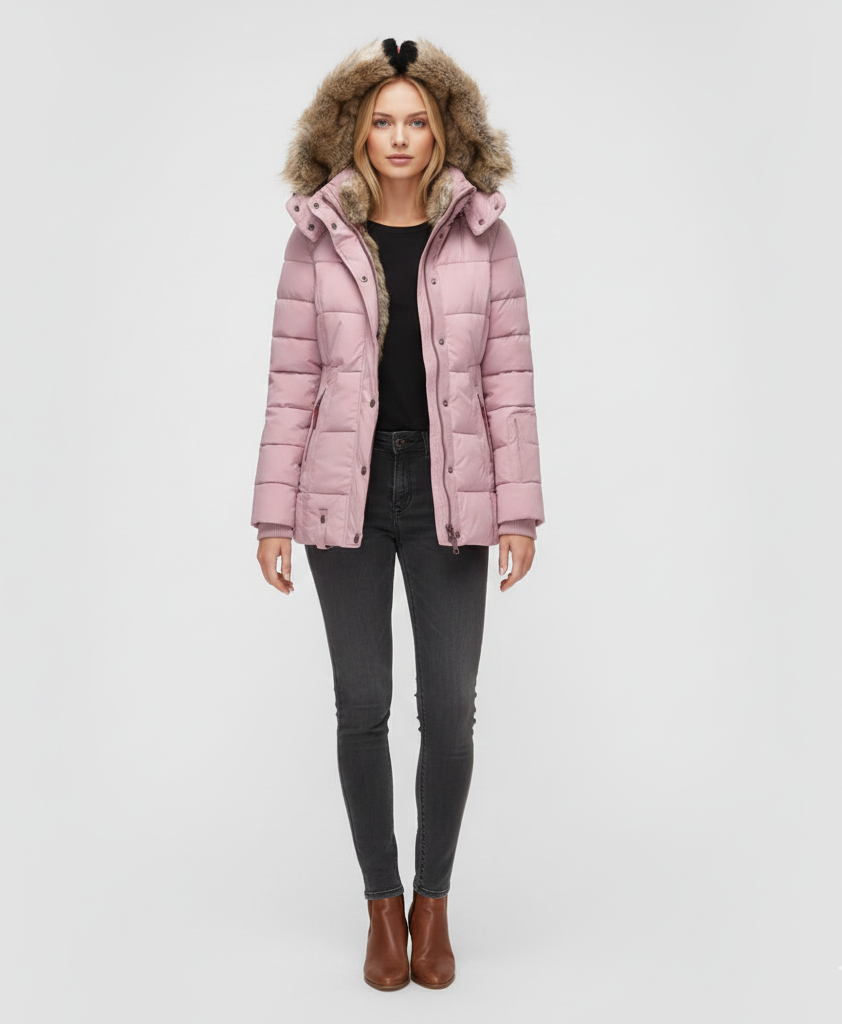 Women's Insulated Quilted Coat Hooded Faux Fur Trim Black