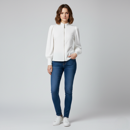 Women's Textured Zip-Up Puff Sleeves White - VibreMode