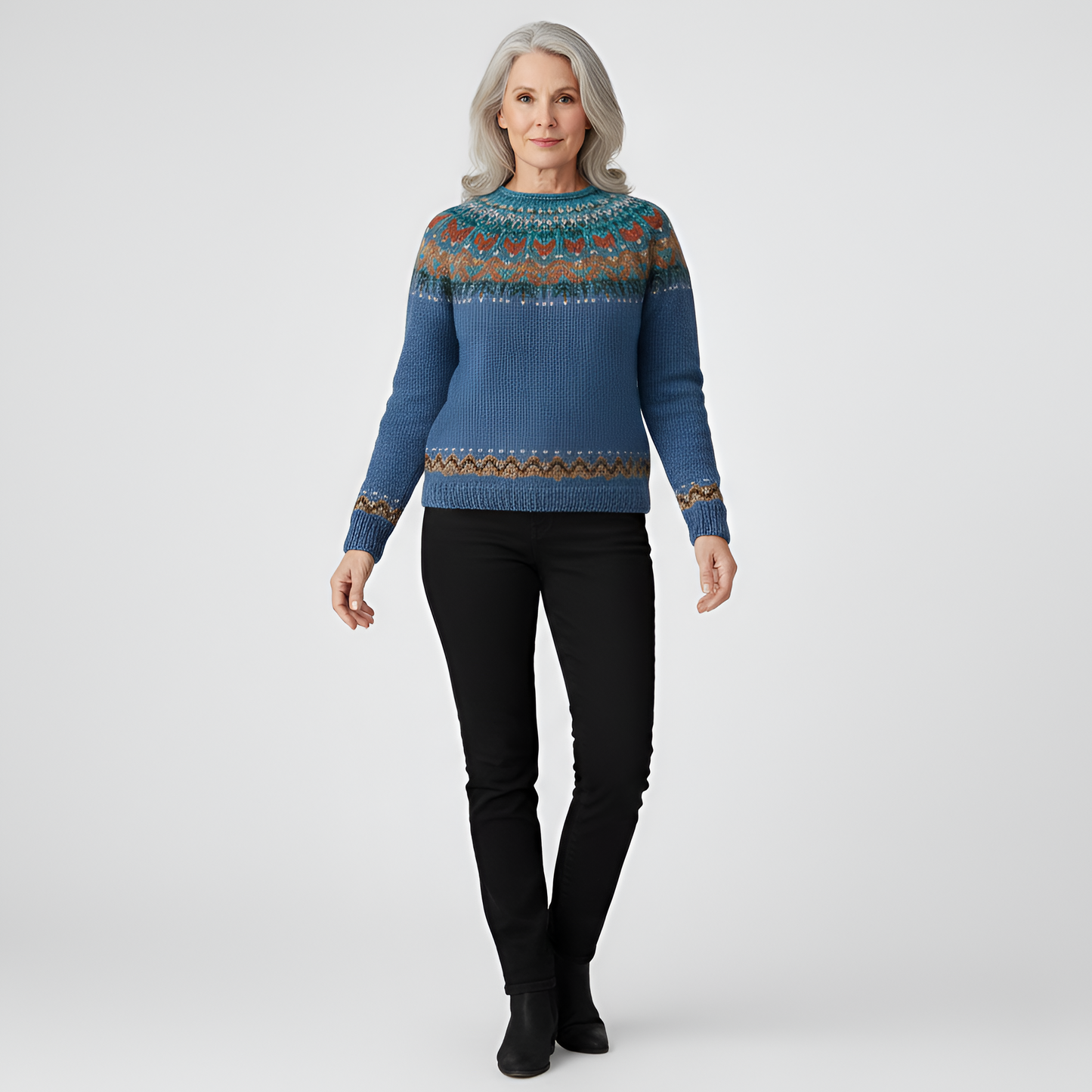 Women's Wool Crew Neck Sweater Fair Isle Pattern