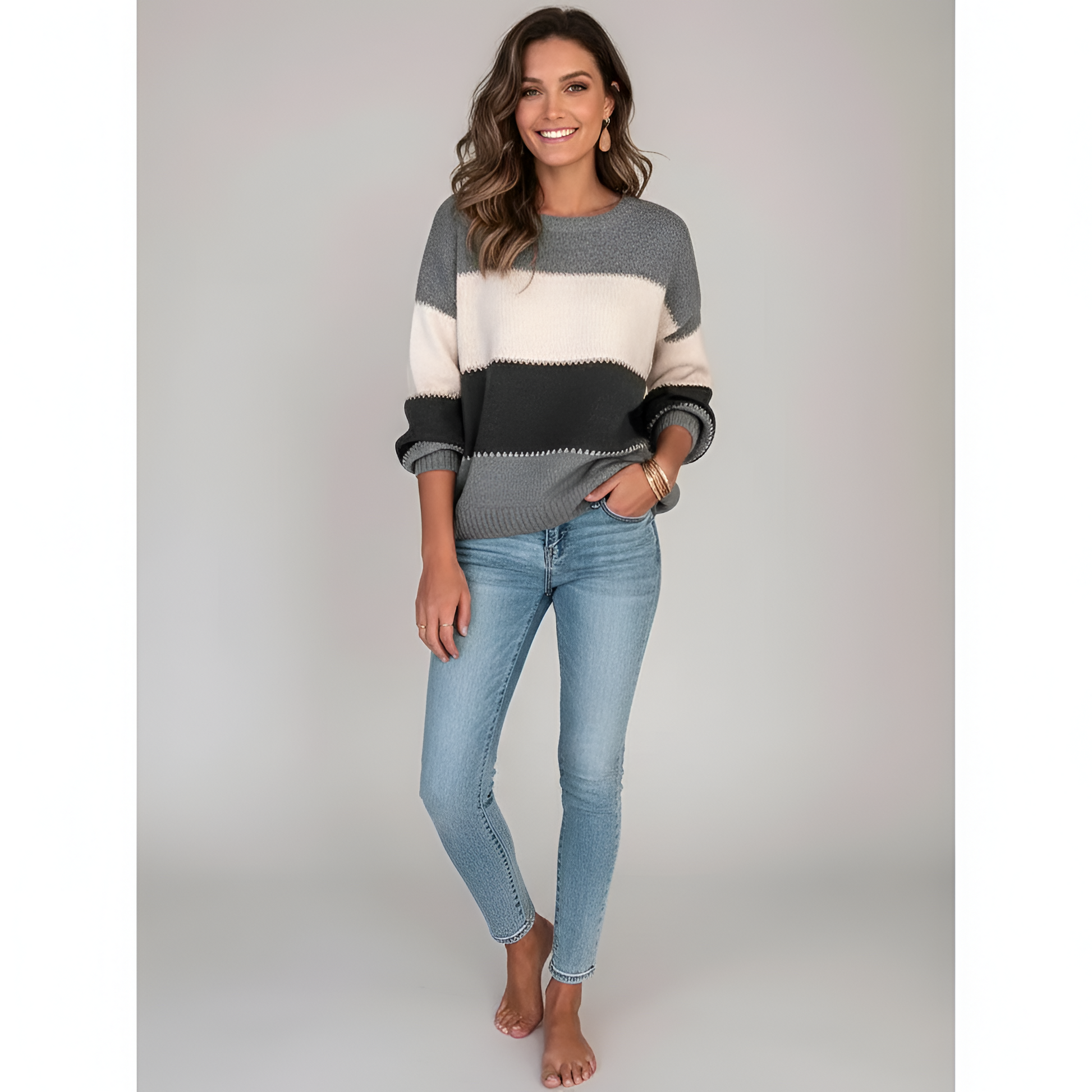 Women's Cotton Blend Sweater Pullover Long Sleeves Striped - VibreMode