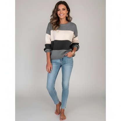 Women's Cotton Blend Sweater Pullover Long Sleeves Striped - VibreMode