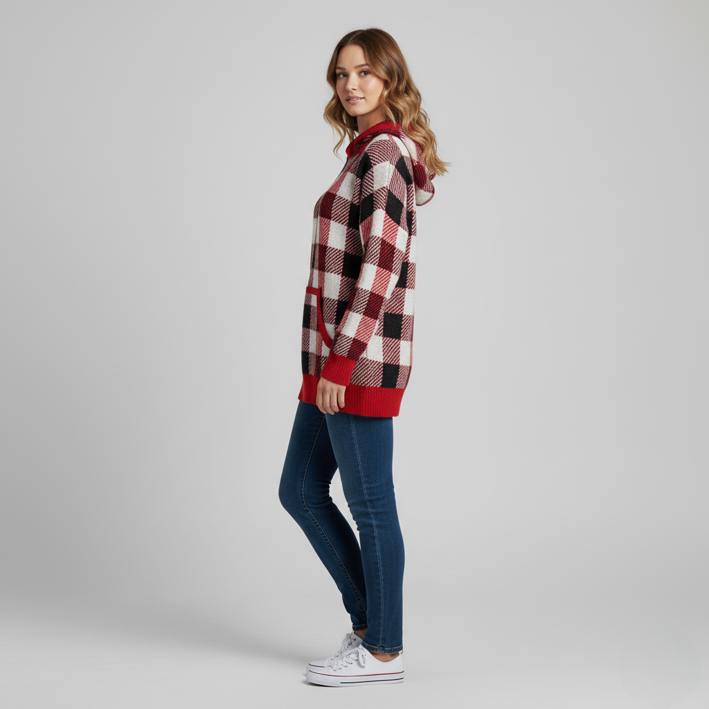 Women's Plaid Knit Hoodie Sweater Red Black