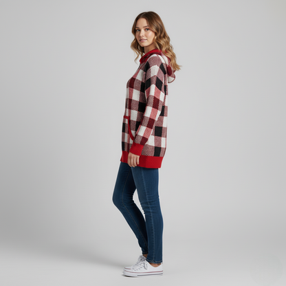 Women's Plaid Knit Hoodie Sweater Red Black