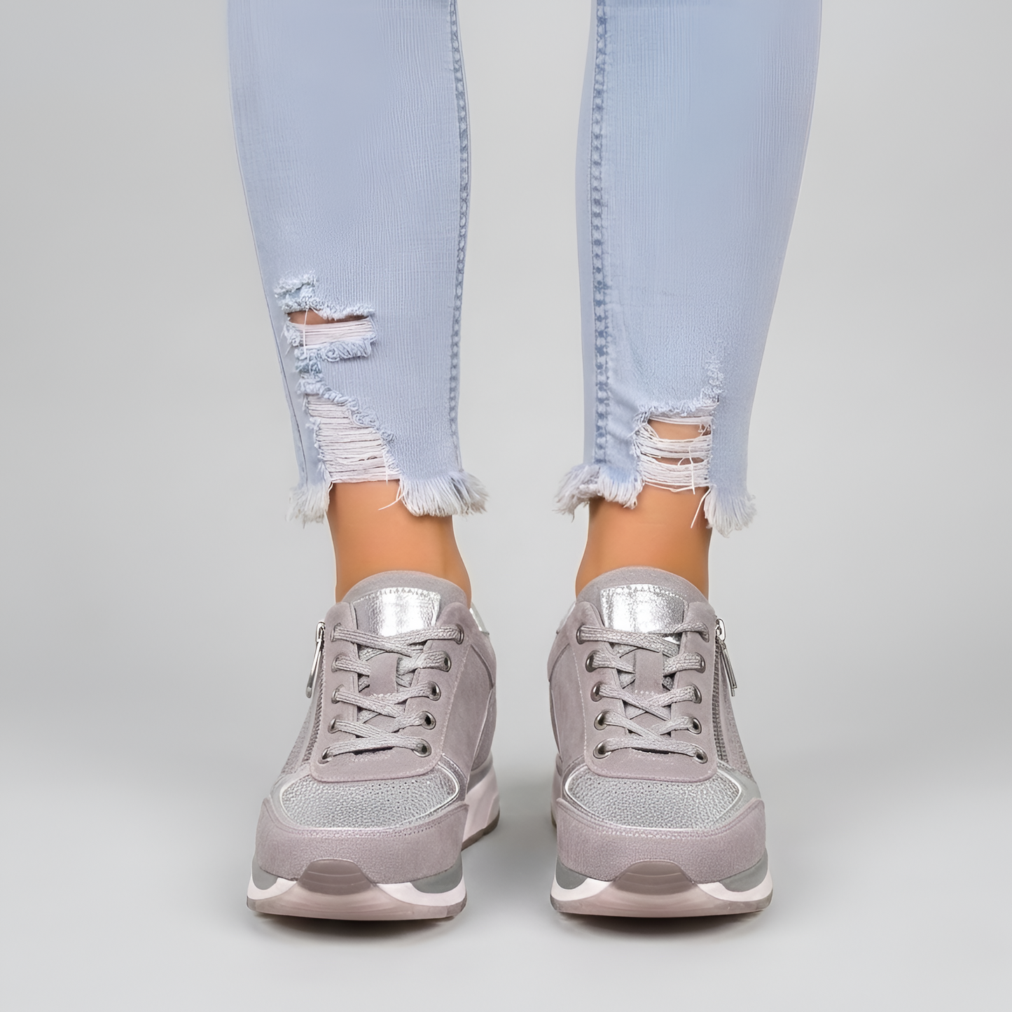 Women's Wedge Sneakers Side Zip Lace Up