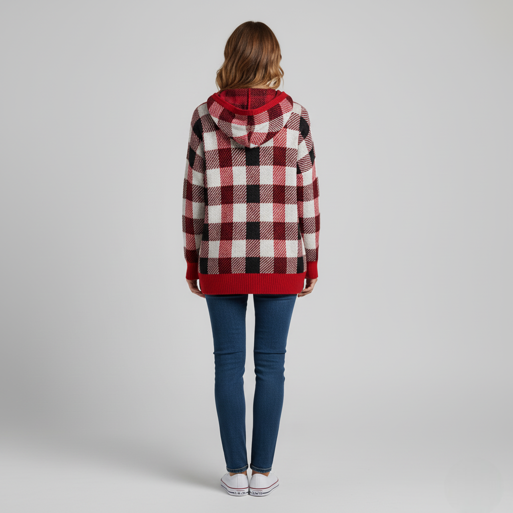 Women's Plaid Knit Hoodie Sweater Red Black