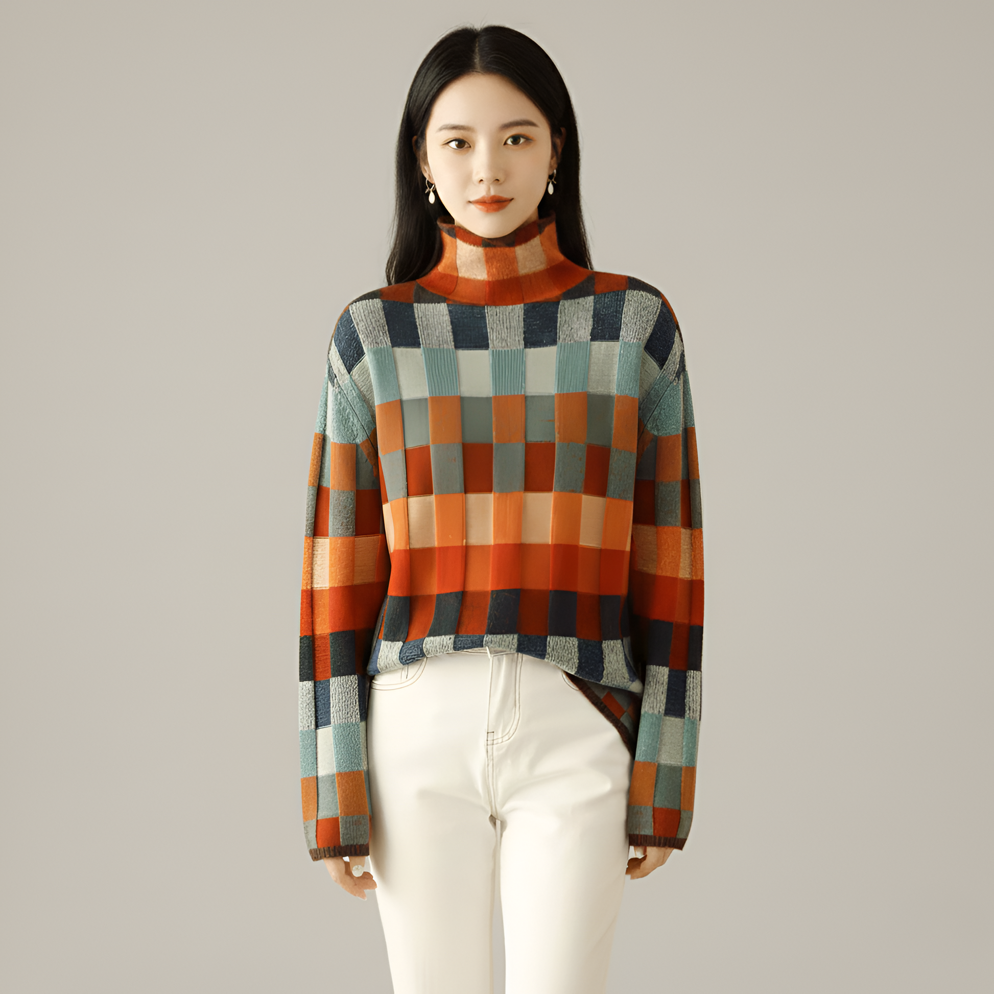 Women's Long Sleeve Turtleneck Sweater Geometric Pattern Pullover - VibreMode