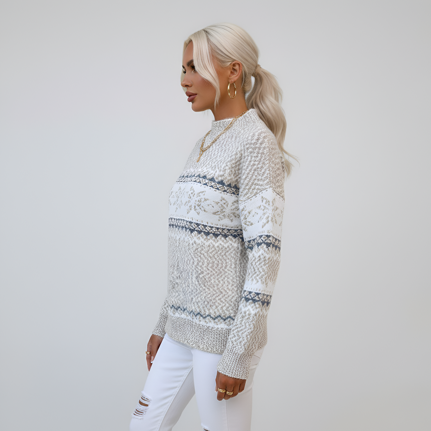 Women's Mock Neck Sweater Fair Isle Knit Long Sleeve Winter