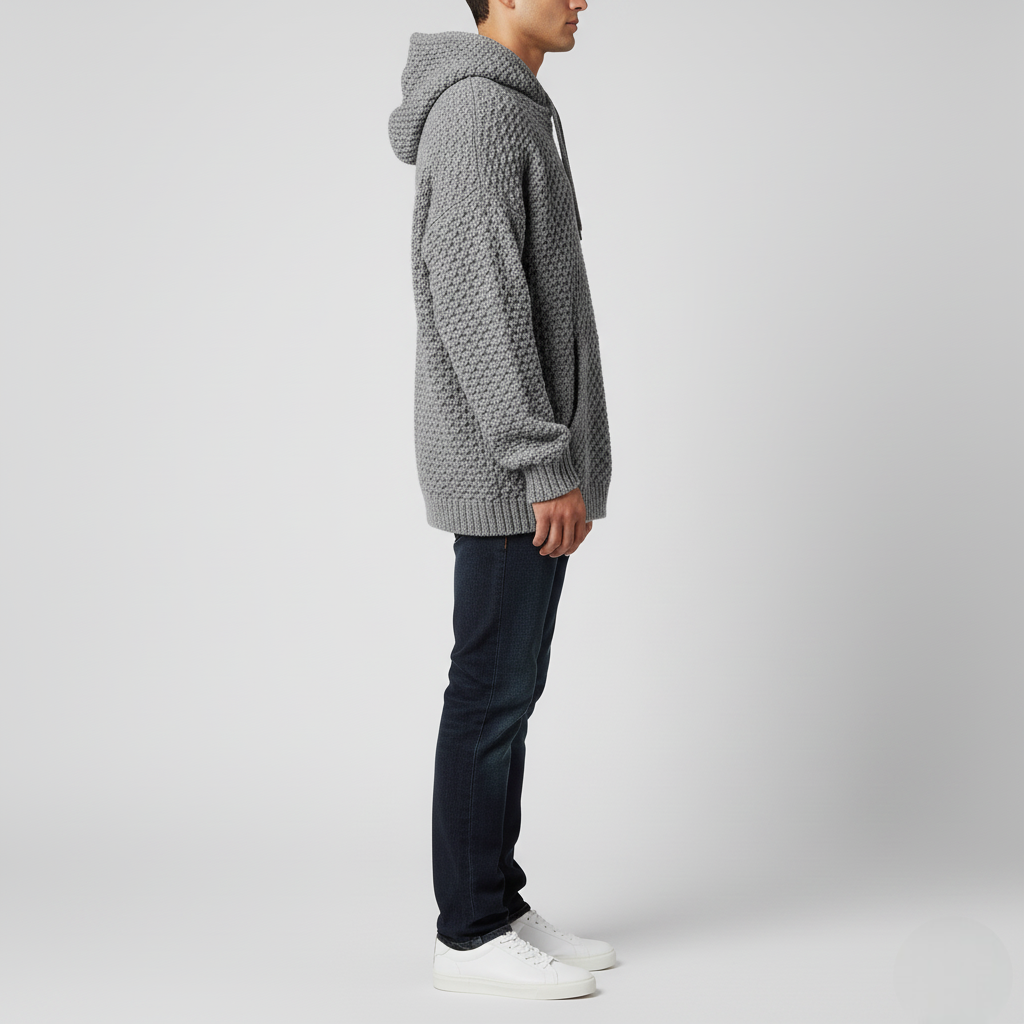 Men's Gray Textured Knit Hoodie Pullover