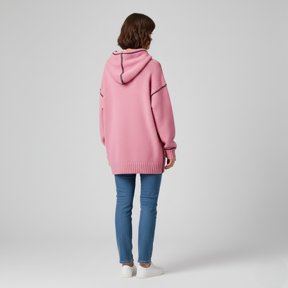 Women's Pink Knit Hoodie Contrast Stitching