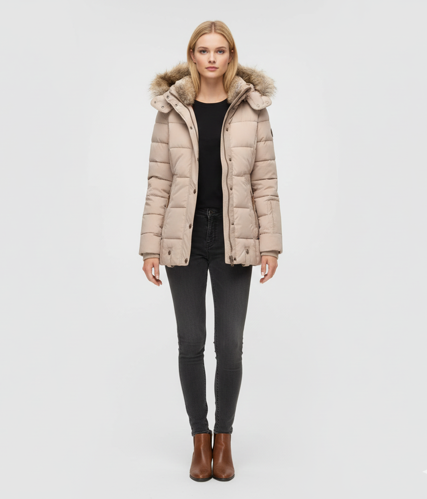 Women's Insulated Quilted Coat Hooded Faux Fur Trim Black