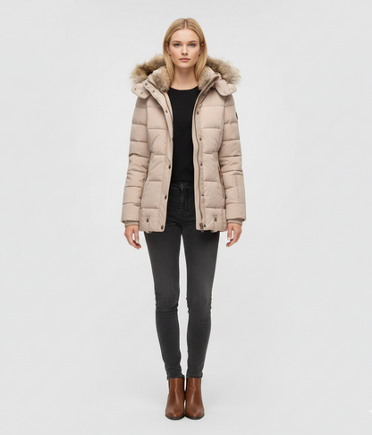 Women's Insulated Quilted Coat Hooded Faux Fur Trim Black