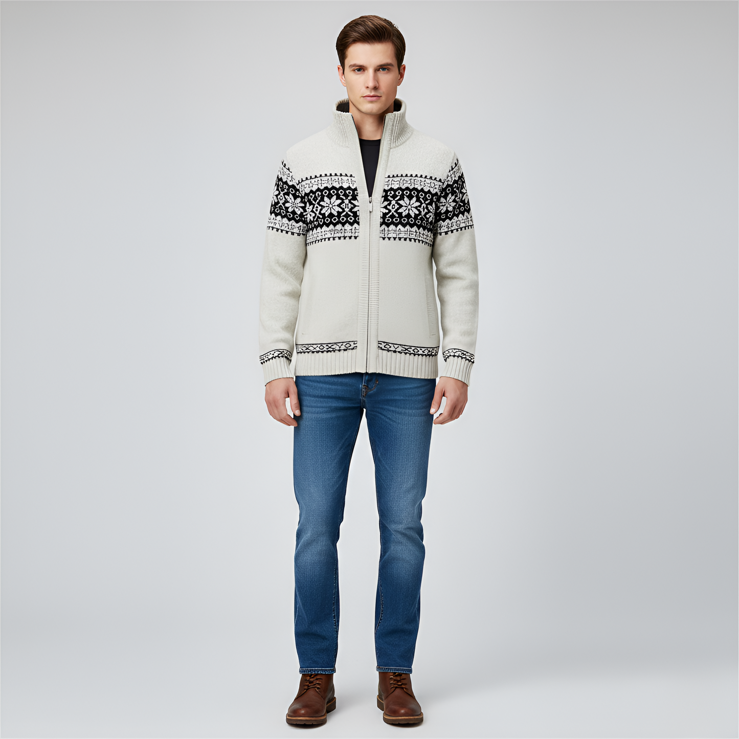 Men's Wool Cardigan Nordic Pattern Zip Front