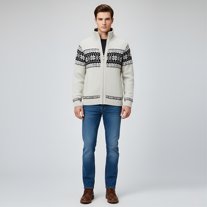 Men's Wool Cardigan Nordic Pattern Zip Front