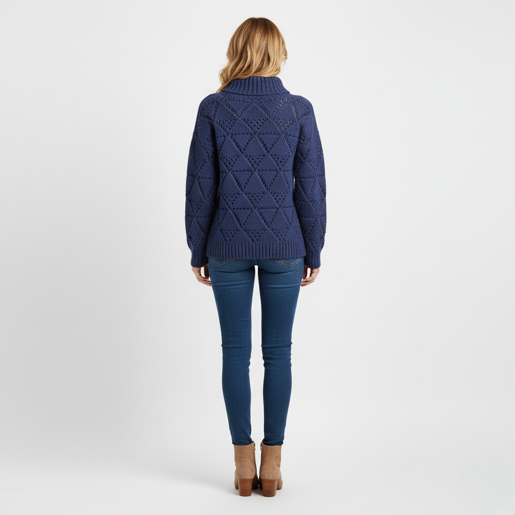 Women's Mock Neck Sweater Blue Chunky Knit Diamond Texture