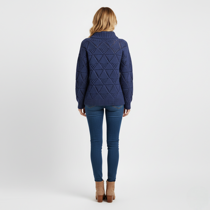 Women's Mock Neck Sweater Blue Chunky Knit Diamond Texture