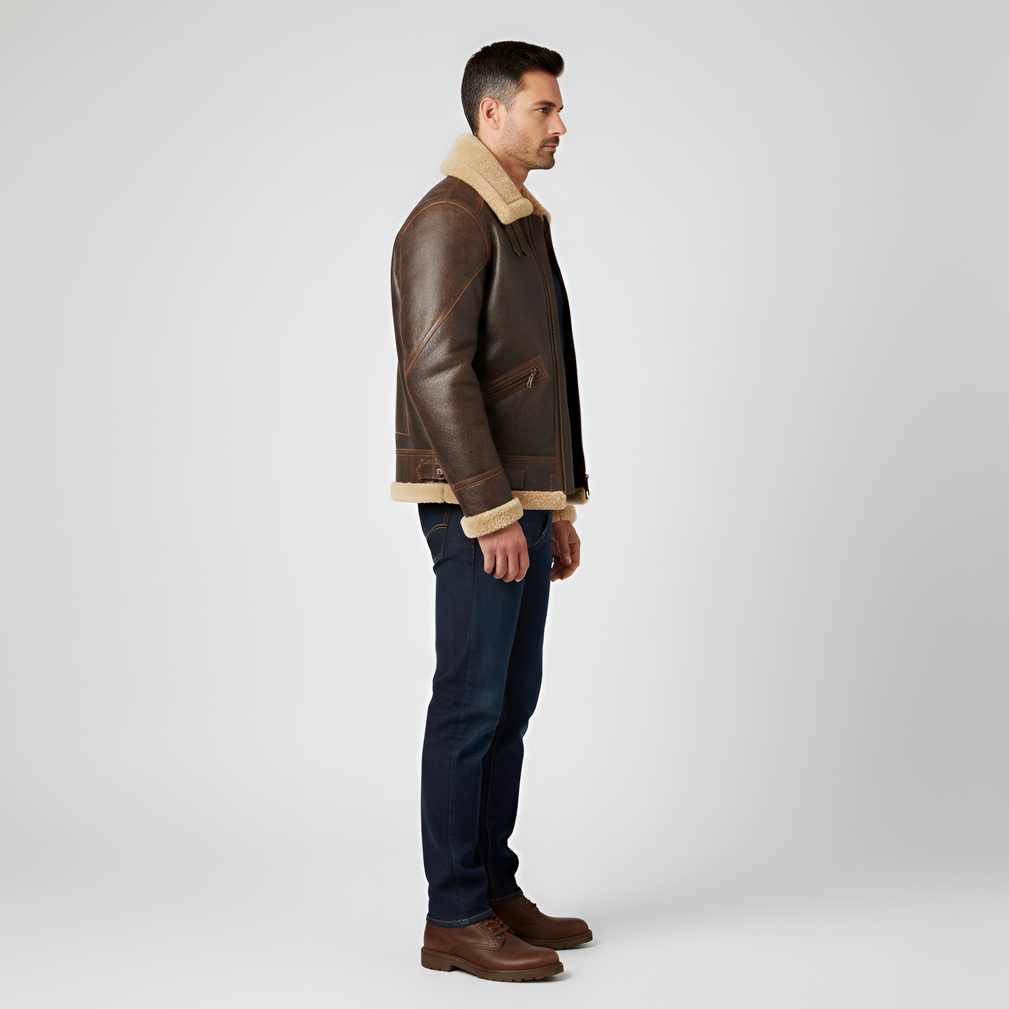 Men's Leather Aviator Jacket Shearling Lining Zip Front