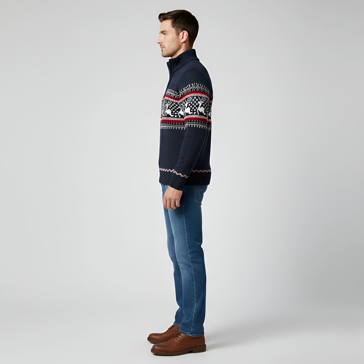 Men's Wool Blend Half Zip Sweater Fair Isle Pattern