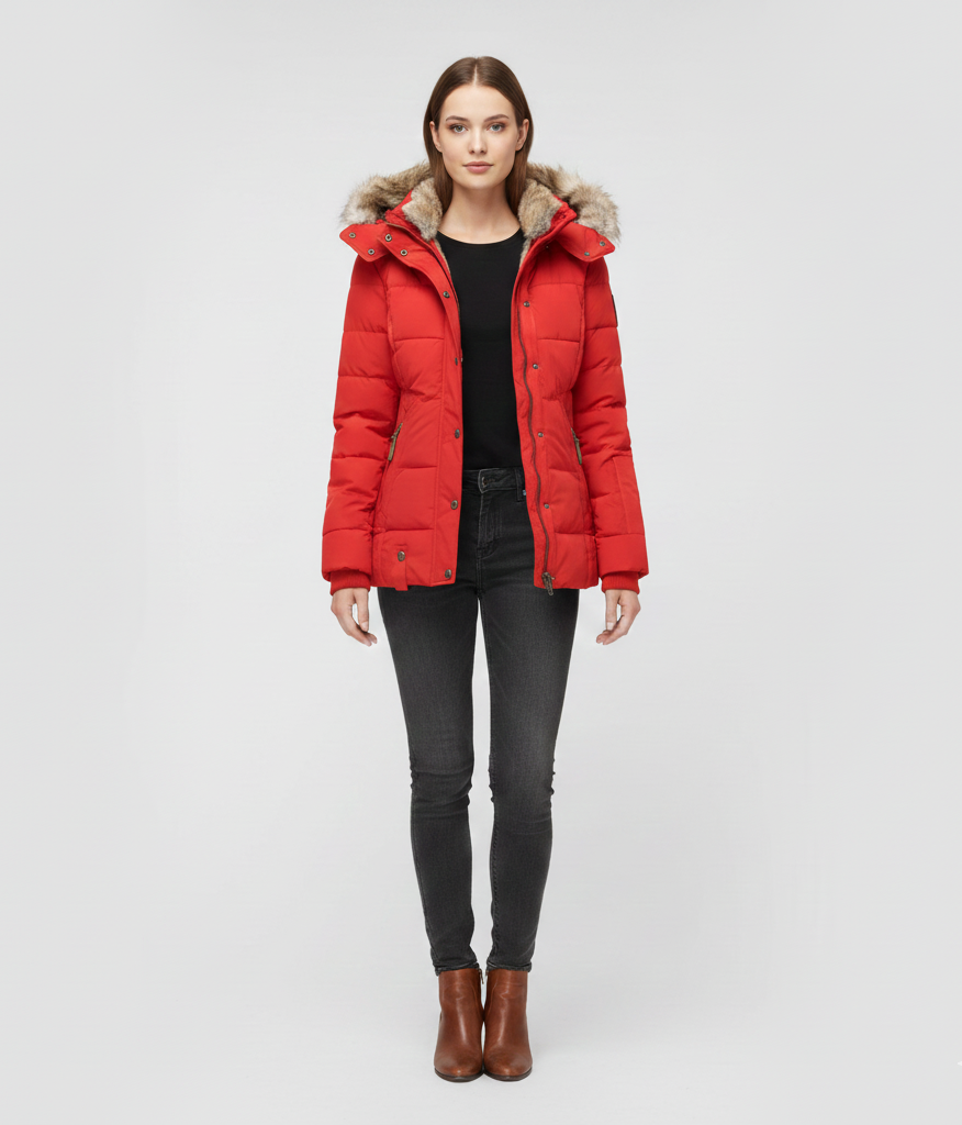 Women's Insulated Quilted Coat Hooded Faux Fur Trim Black - VibreMode