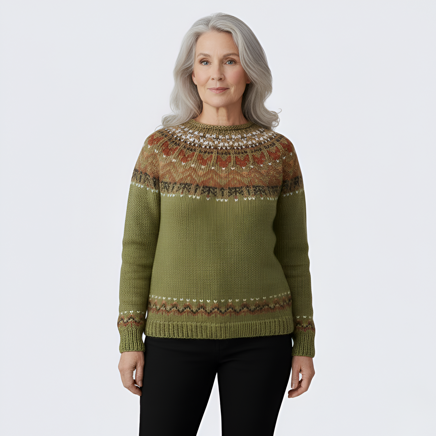 Women's Wool Crew Neck Sweater Fair Isle Pattern