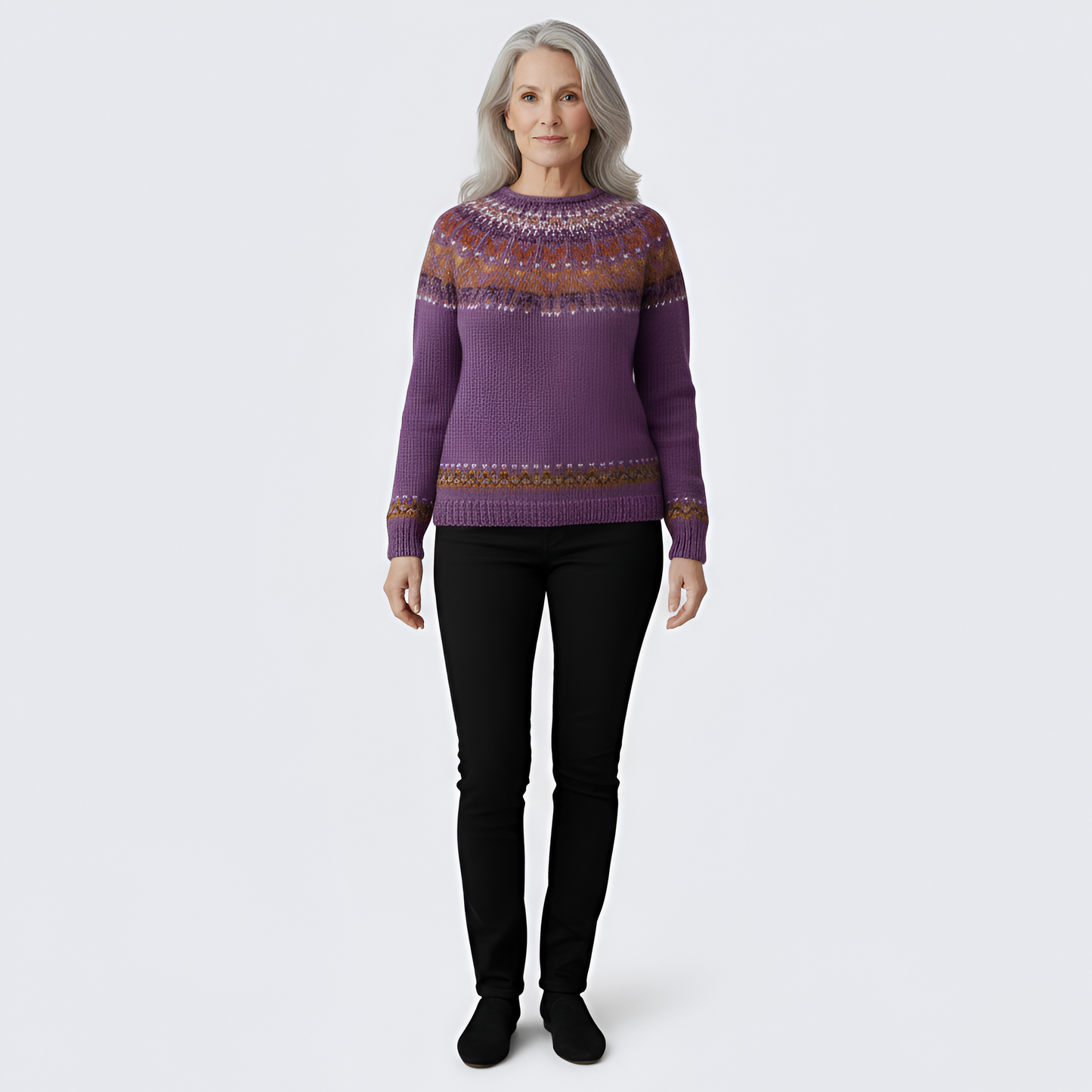 Women's Wool Crew Neck Sweater Fair Isle Pattern