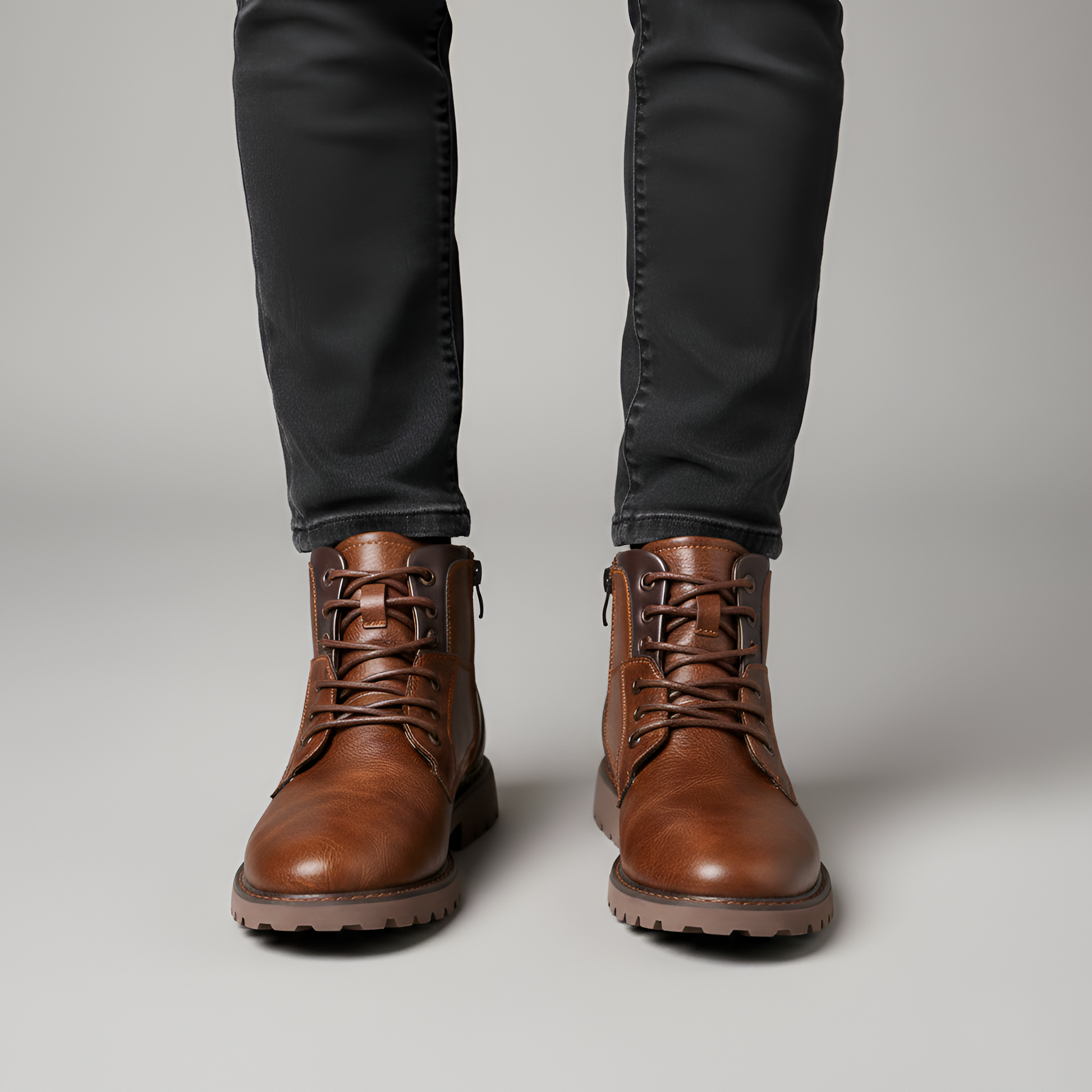Men's Leather Ankle Boots Rugged Sole Brown - VibreMode